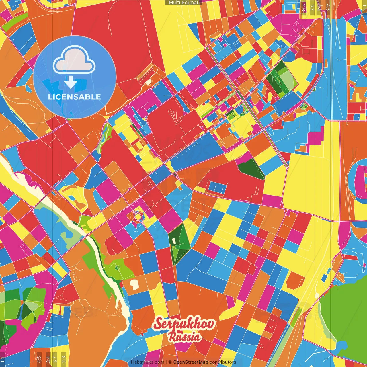 Serpukhov, Moscow Oblast, Russia Crazy Colorful Street Map Poster Template