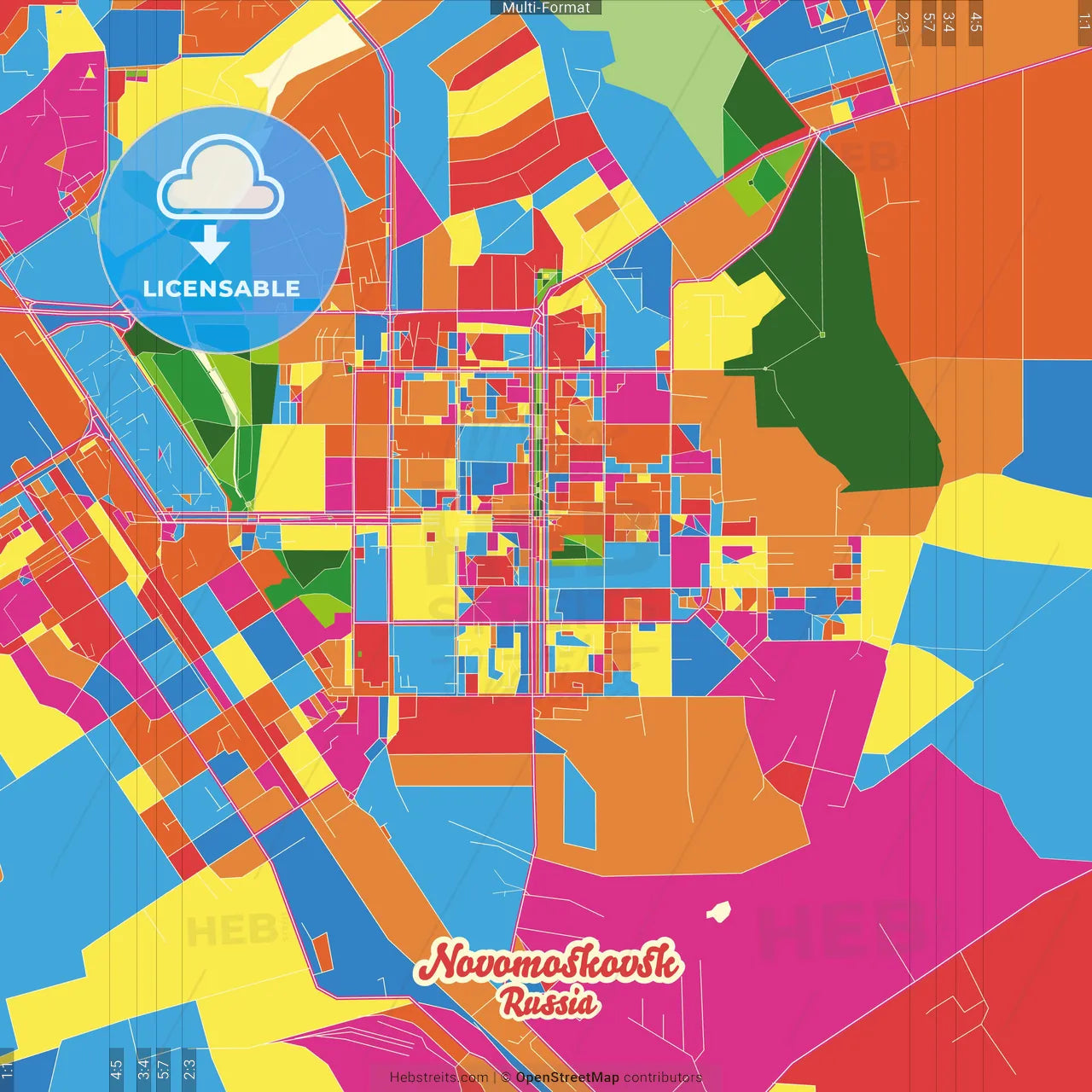 Novomoskovsk, Tula Oblast, Russia Crazy Colorful Street Map Poster Template