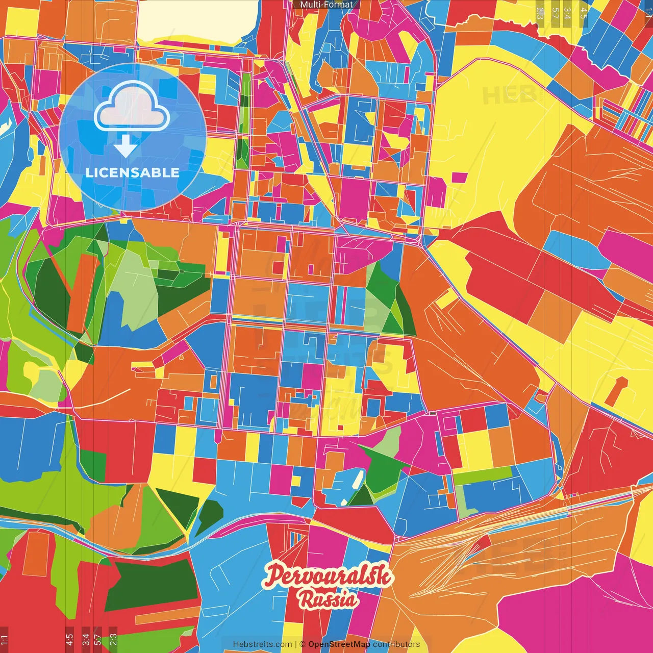 Pervouralsk, Sverdlovsk Oblast, Russia Crazy Colorful Street Map Poster Template