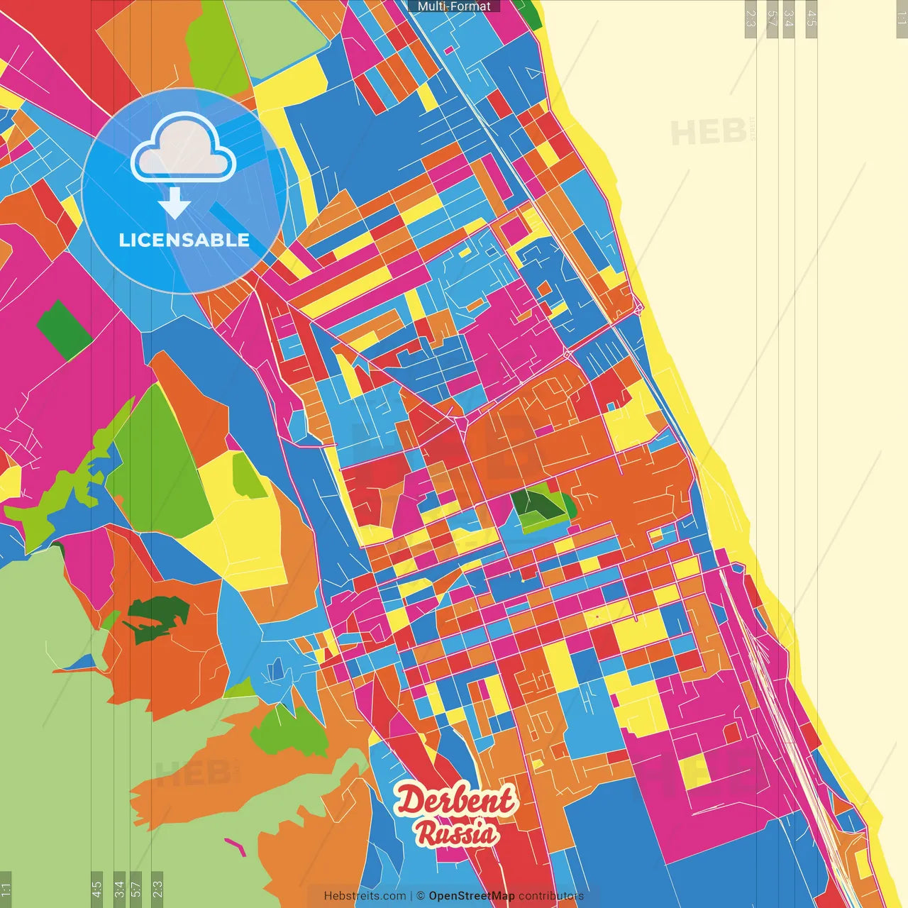 Derbent, Republic of Dagestan, Russia Crazy Colorful Street Map Poster Template
