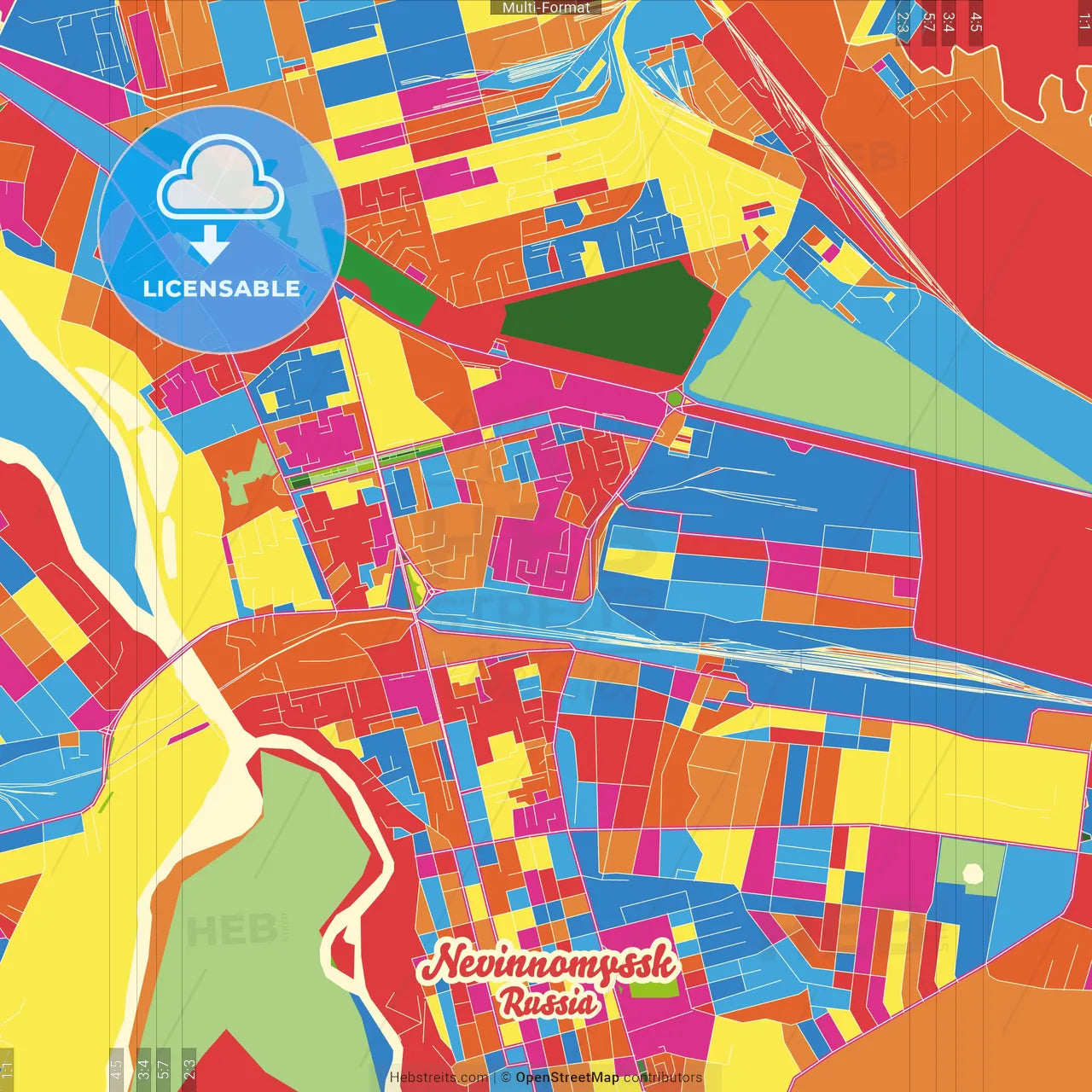 Nevinnomyssk, Stavropol Krai, Russia Crazy Colorful Street Map Poster Template