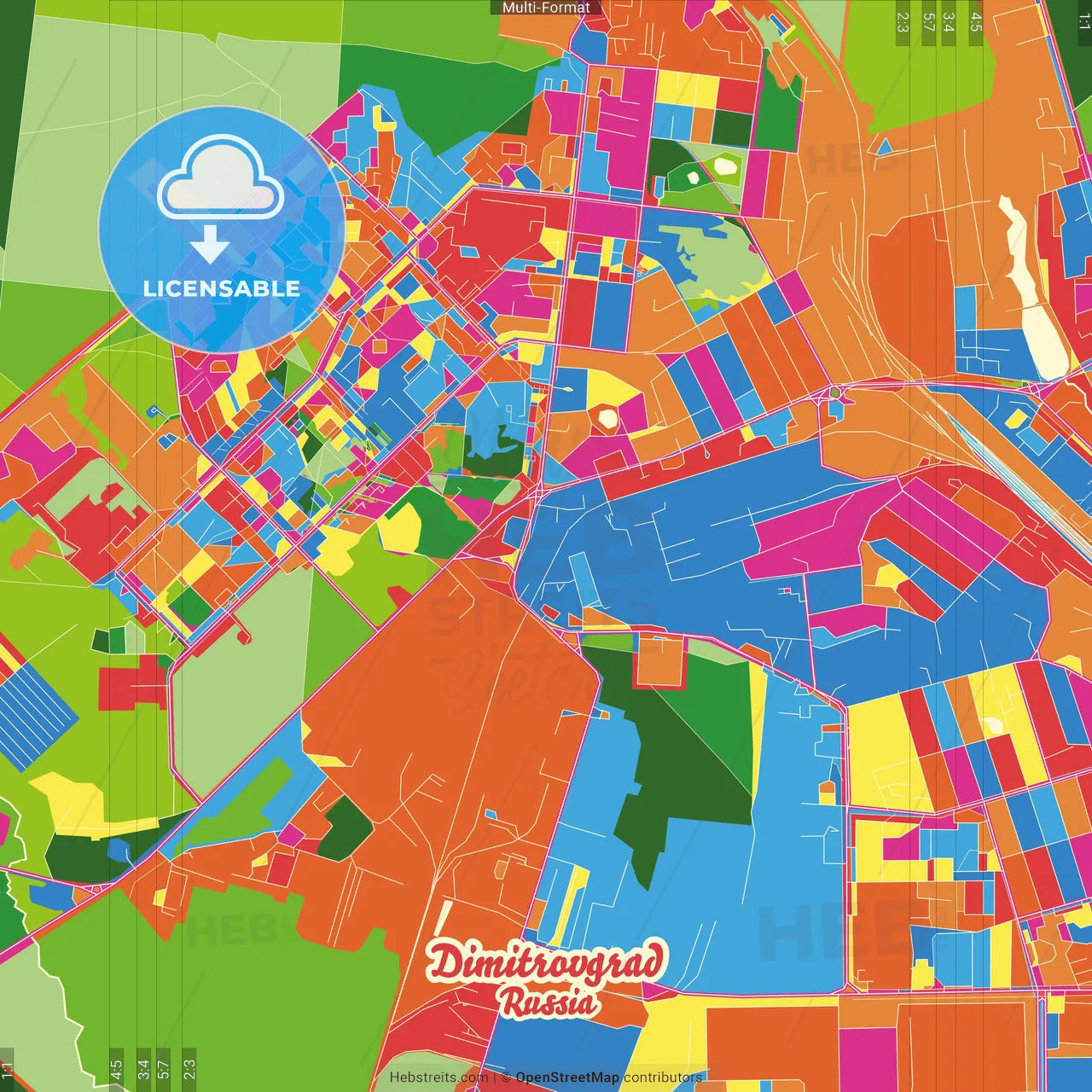 Dimitrovgrad, Ulyanovsk Oblast, Russia Crazy Colorful Street Map Poster Template
