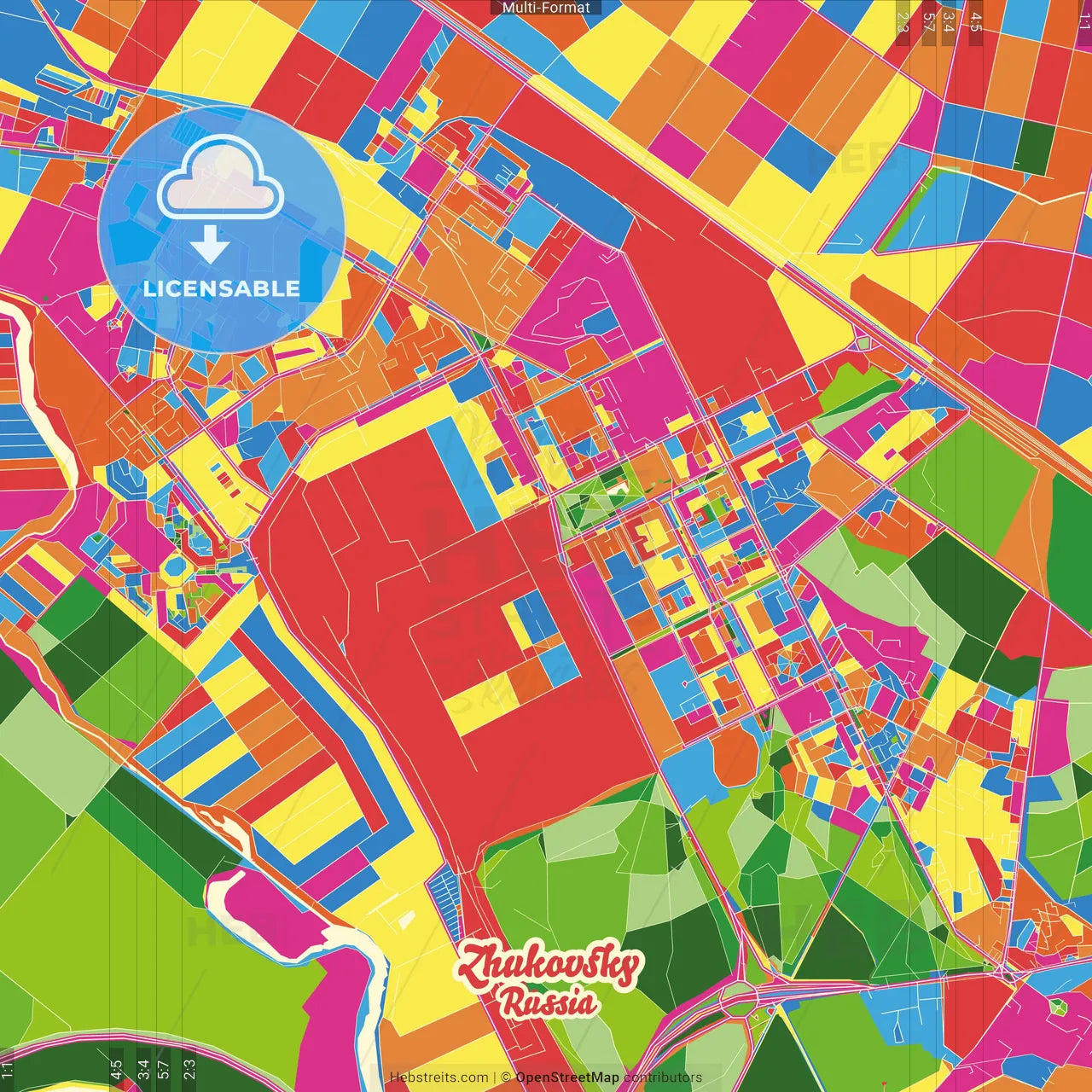 Zhukovsky, Moscow Oblast, Russia Crazy Colorful Street Map Poster Template