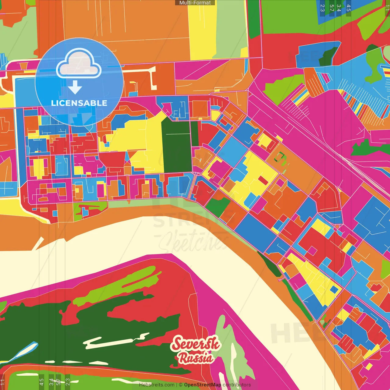 Seversk, Tomsk Oblast, Russia Crazy Colorful Street Map Poster Template