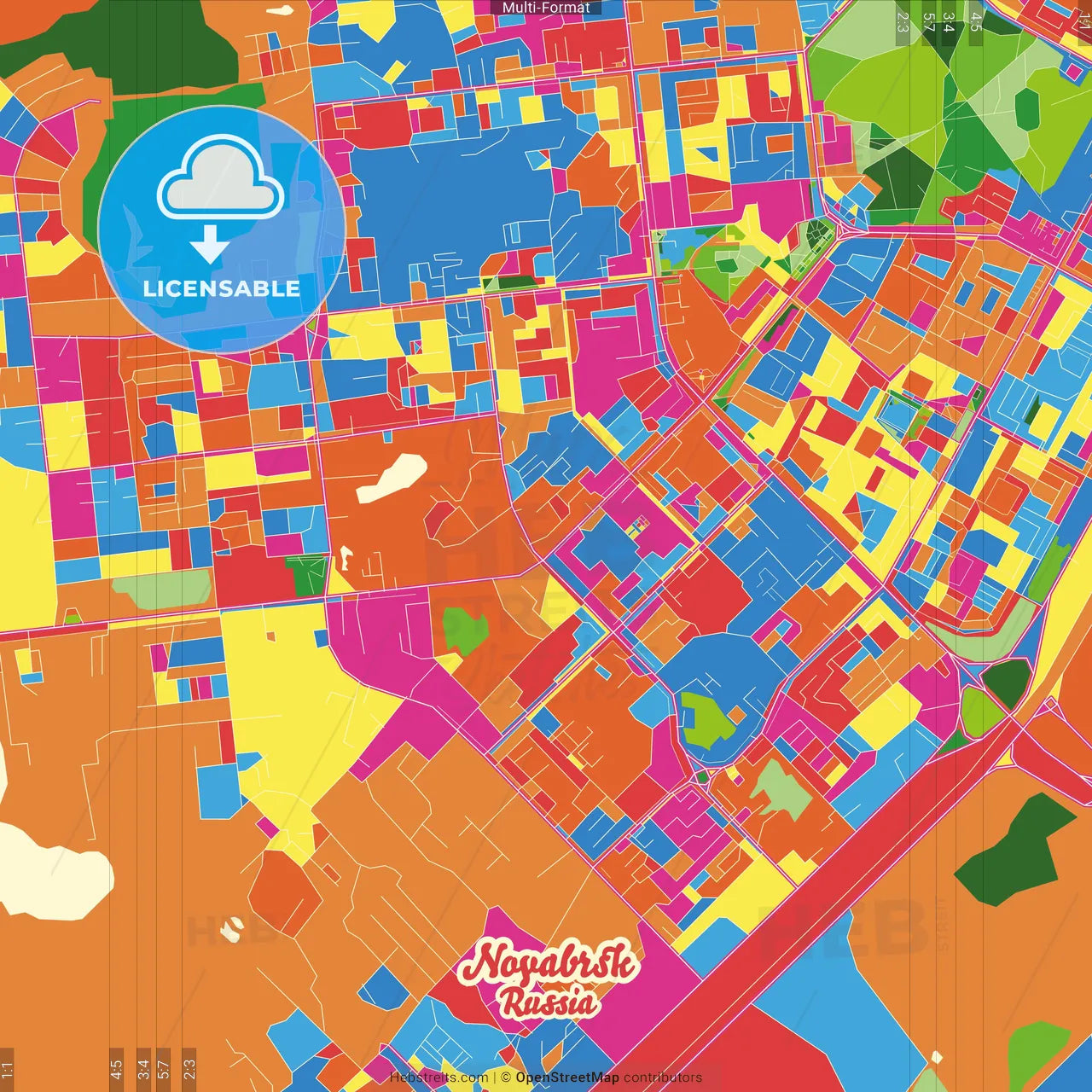 Noyabrsk, Yamalo-Nenets Autonomous Okrug, Russia Crazy Colorful Street Map Poster Template