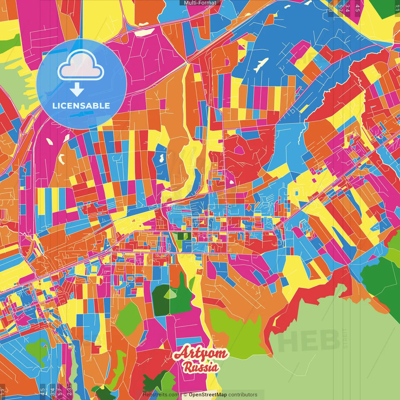 Artyom, Primorsky Krai, Russia Crazy Colorful Street Map Poster Template