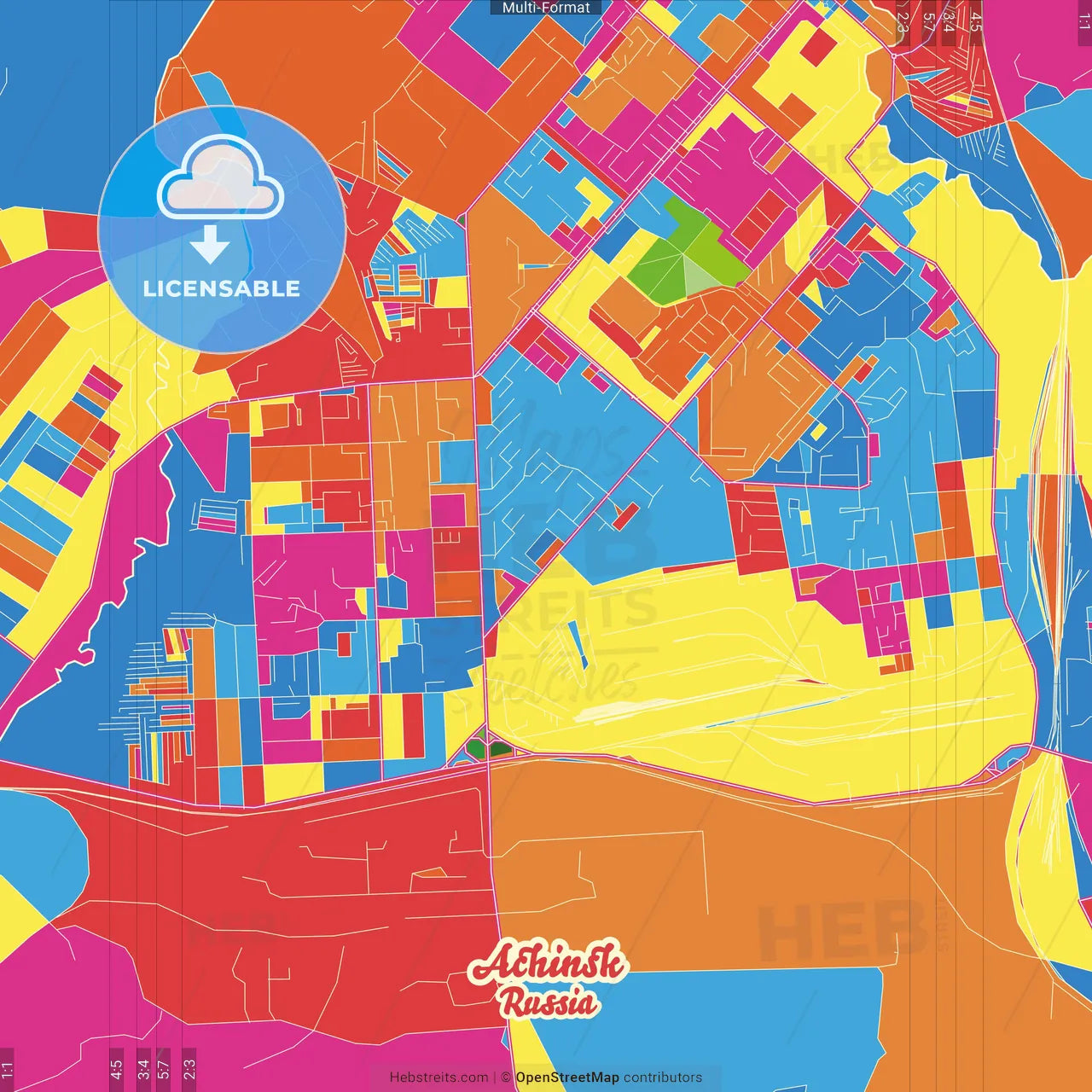 Achinsk, Krasnoyarsk Krai, Russia Crazy Colorful Street Map Poster Template