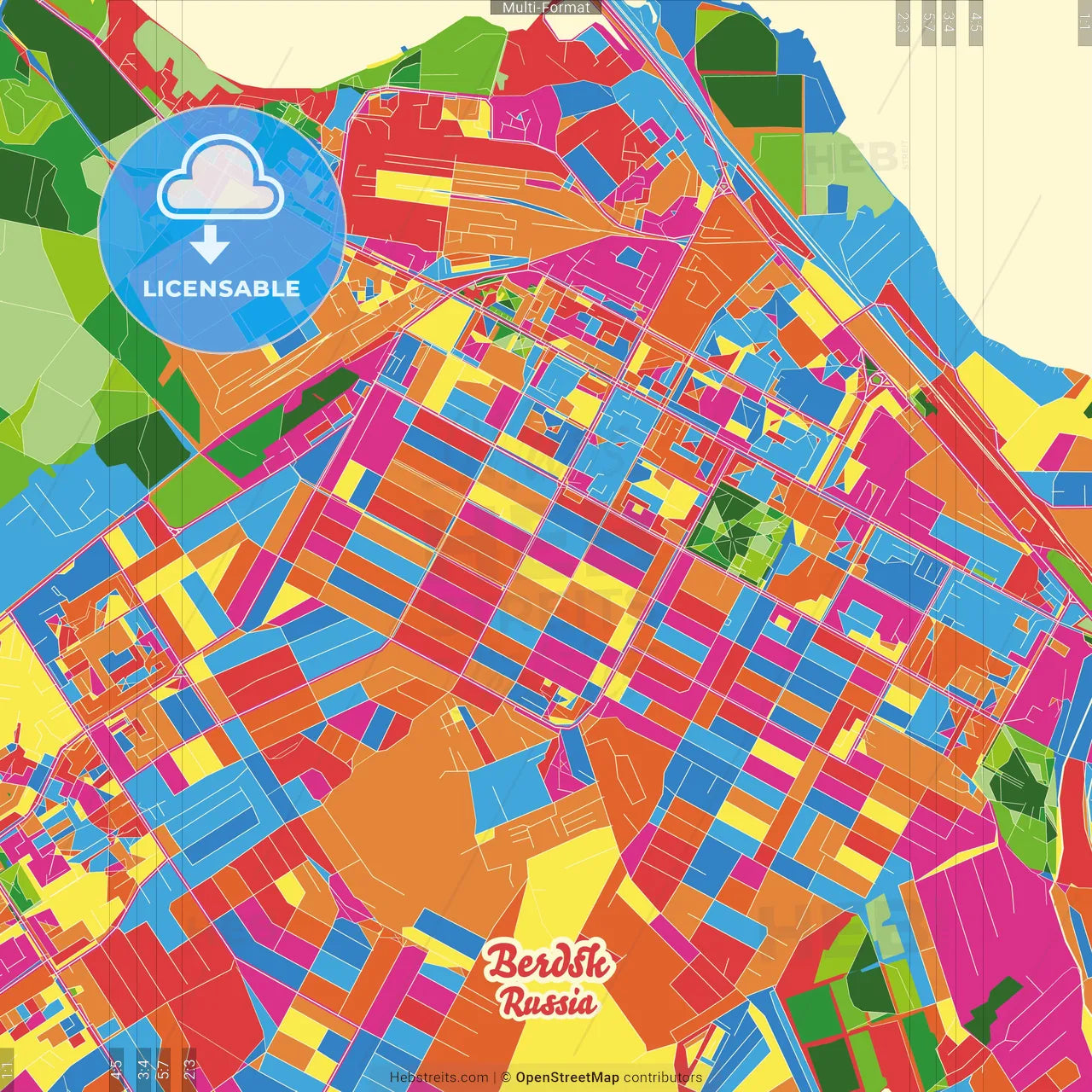 Berdsk, Novosibirsk Oblast, Russia Crazy Colorful Street Map Poster Template