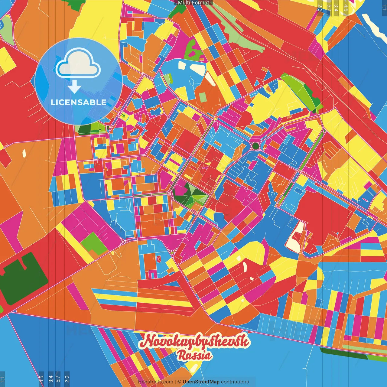 Novokuybyshevsk, Samara Oblast, Russia Crazy Colorful Street Map Poster Template