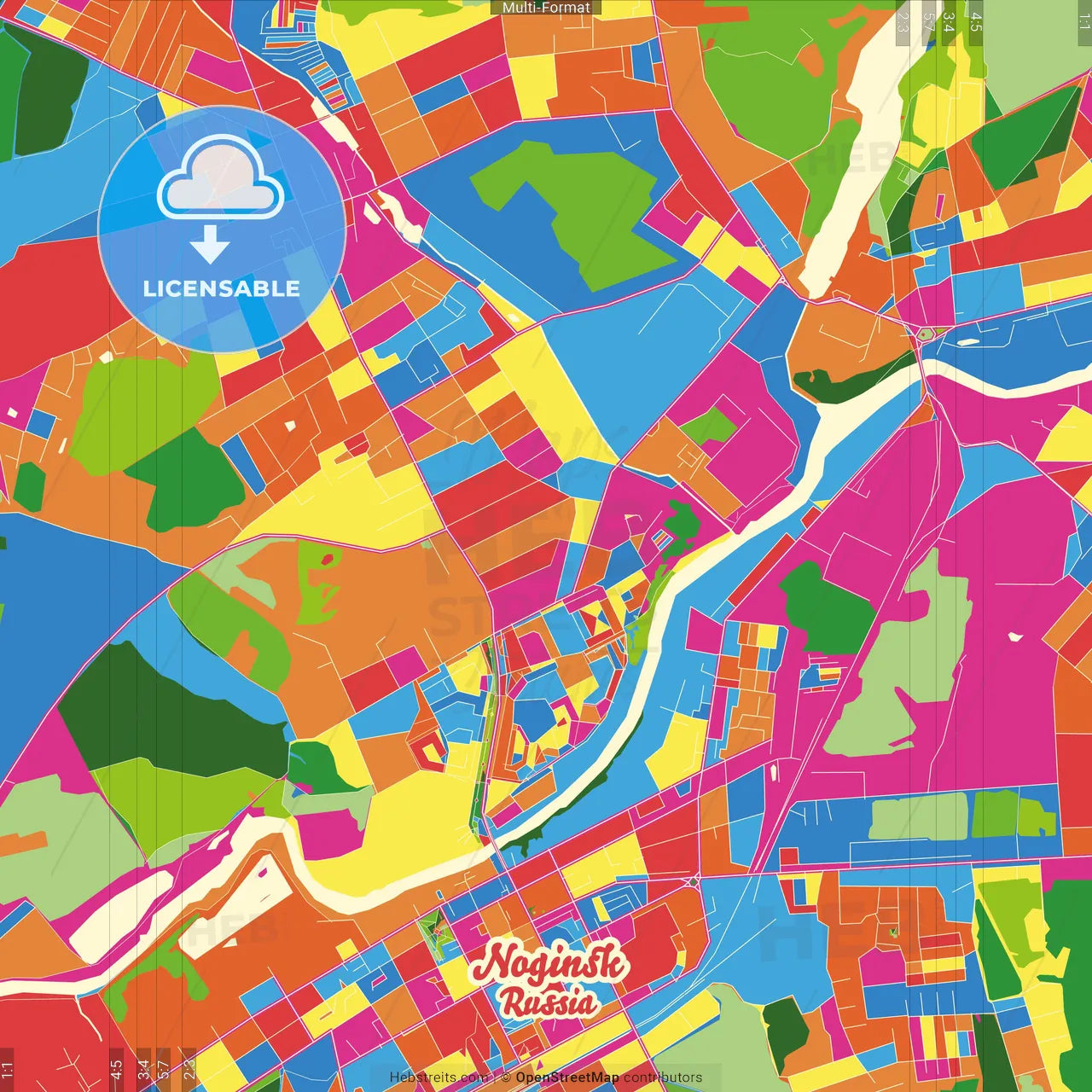 Noginsk, Moscow Oblast, Russia Crazy Colorful Street Map Poster Template