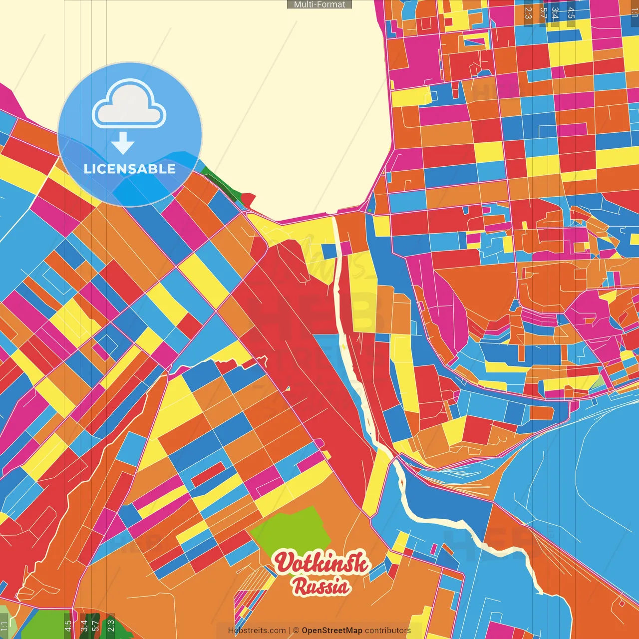 Votkinsk, Udmurt Republic, Russia Crazy Colorful Street Map Poster Template