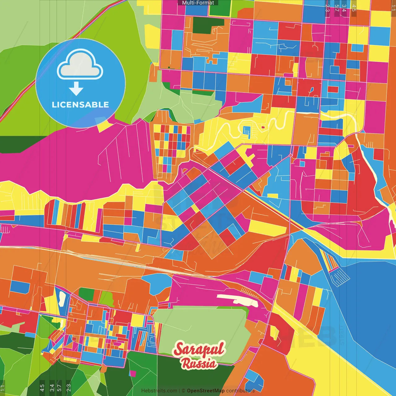 Sarapul, Udmurt Republic, Russia Crazy Colorful Street Map Poster Template