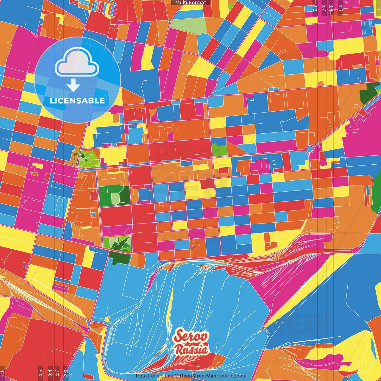 Serov, Sverdlovsk Oblast, Russia Crazy Colorful Street Map Poster Template