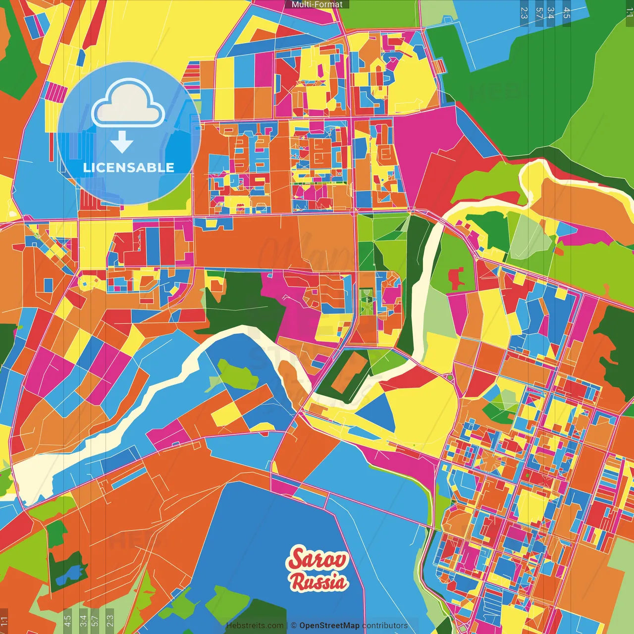 Sarov, Nizhny Novgorod Oblast, Russia Crazy Colorful Street Map Poster Template