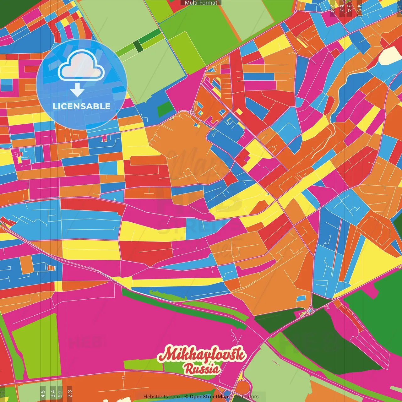 Mikhaylovsk, Stavropol Krai, Russia Crazy Colorful Street Map Poster Template