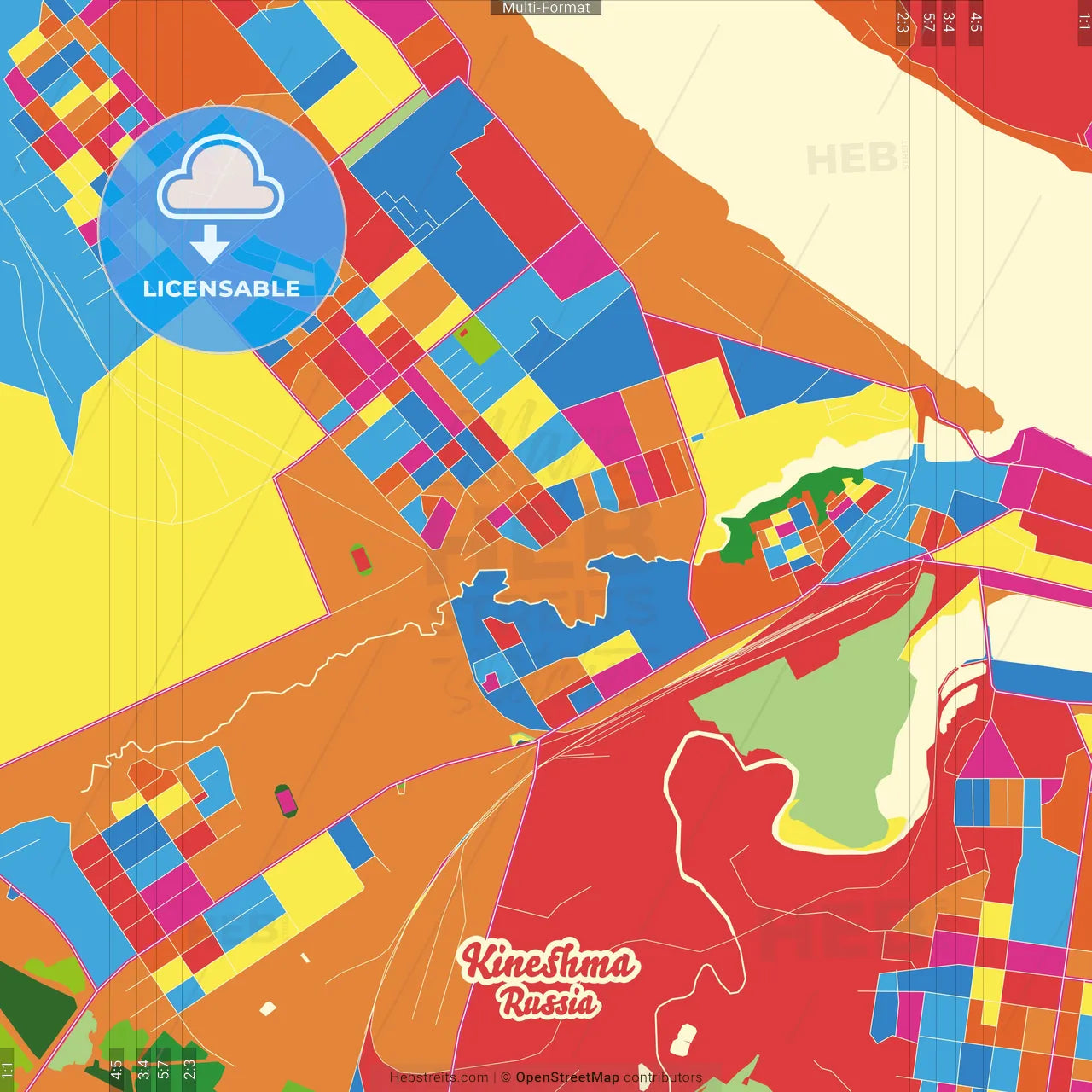 Kineshma, Ivanovo Oblast, Russia Crazy Colorful Street Map Poster Template