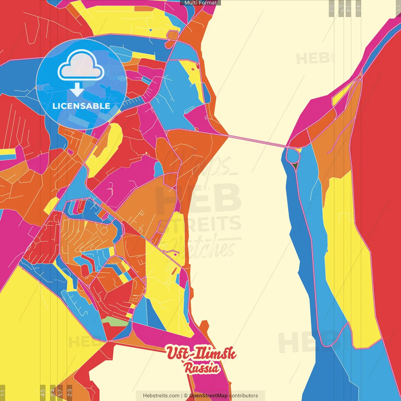 Ust-Ilimsk, Irkutsk Oblast, Russia Crazy Colorful Street Map Poster Template