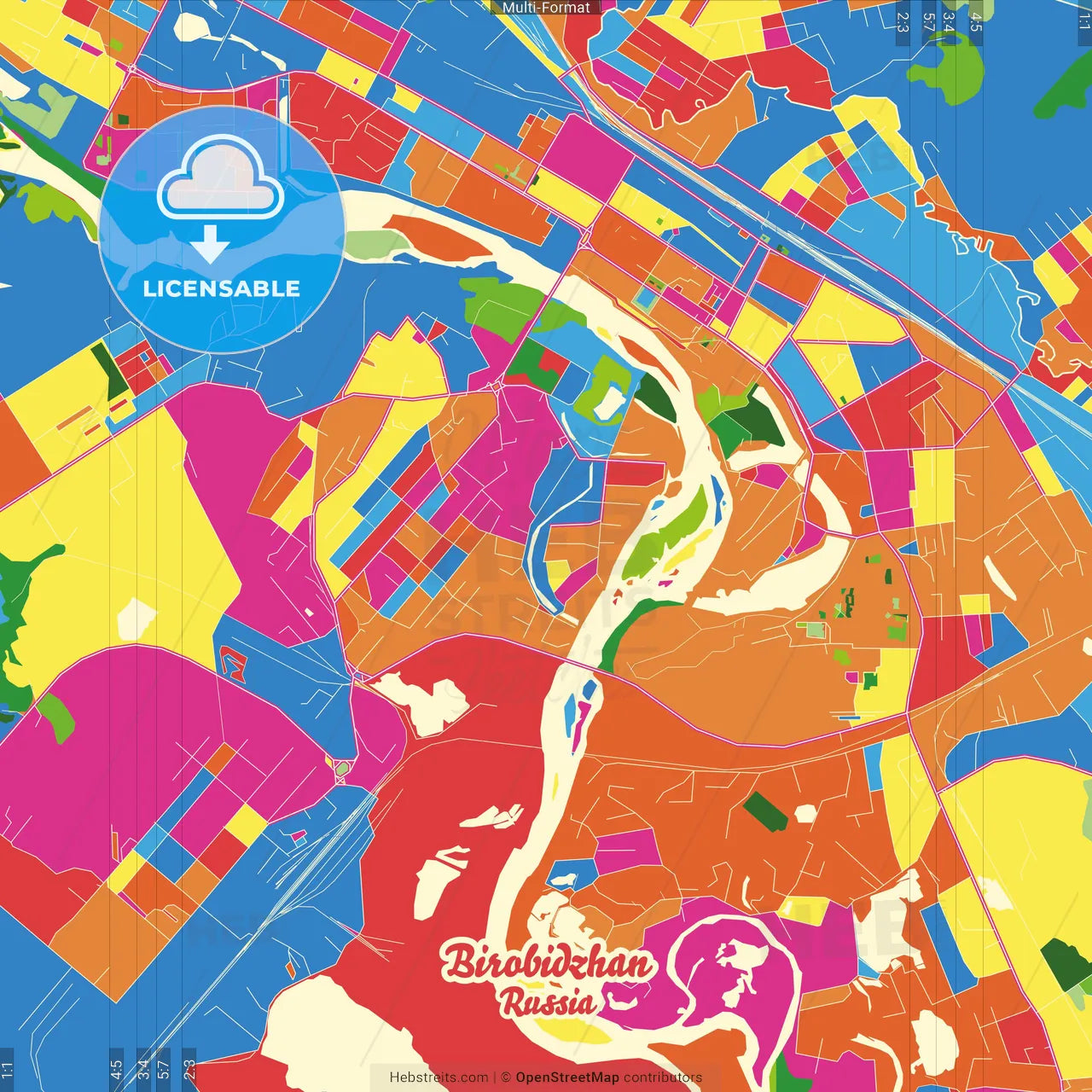 Birobidzhan, Jewish Autonomous Oblast, Russia Crazy Colorful Street Map Poster Template