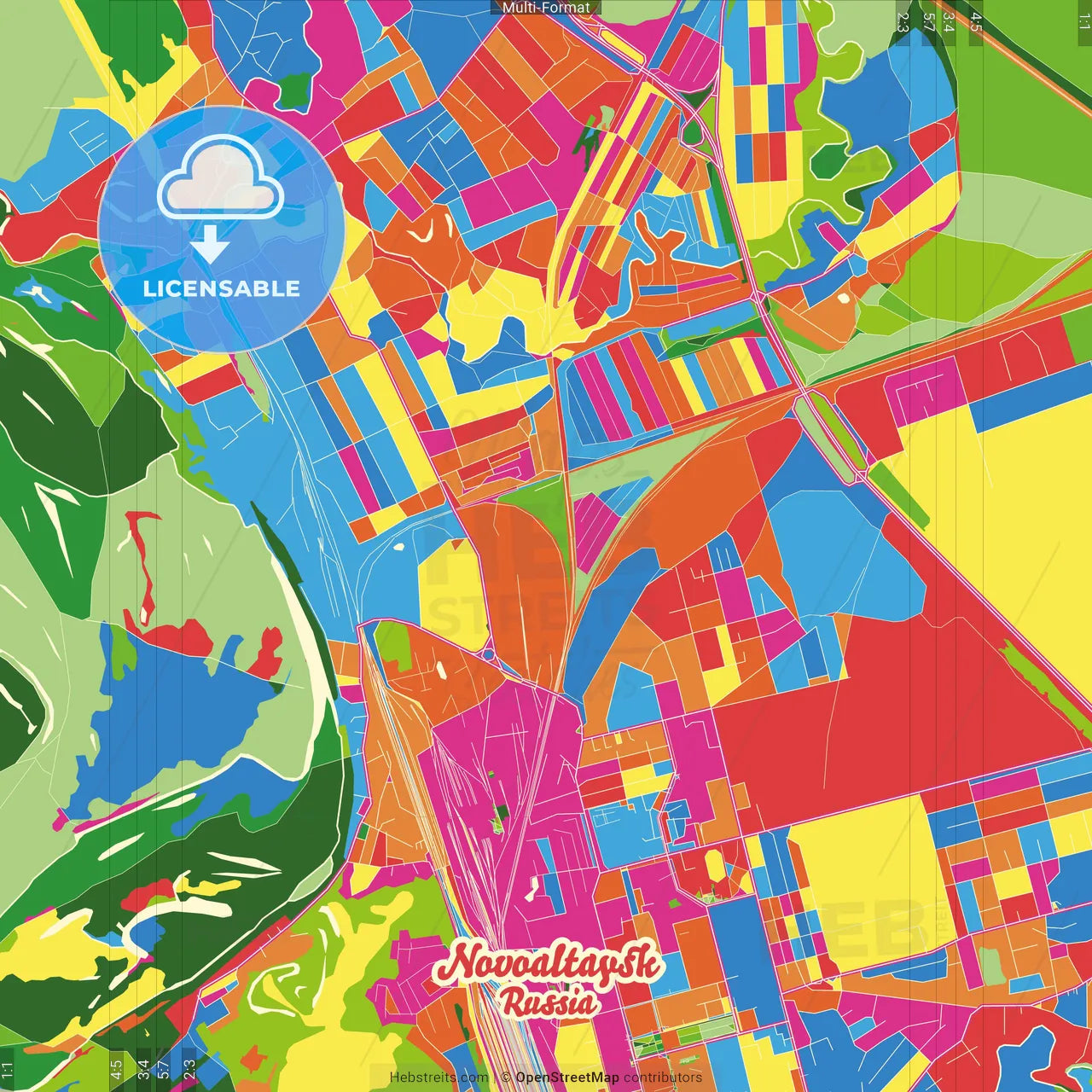 Novoaltaysk, Altai Krai, Russia Crazy Colorful Street Map Poster Template