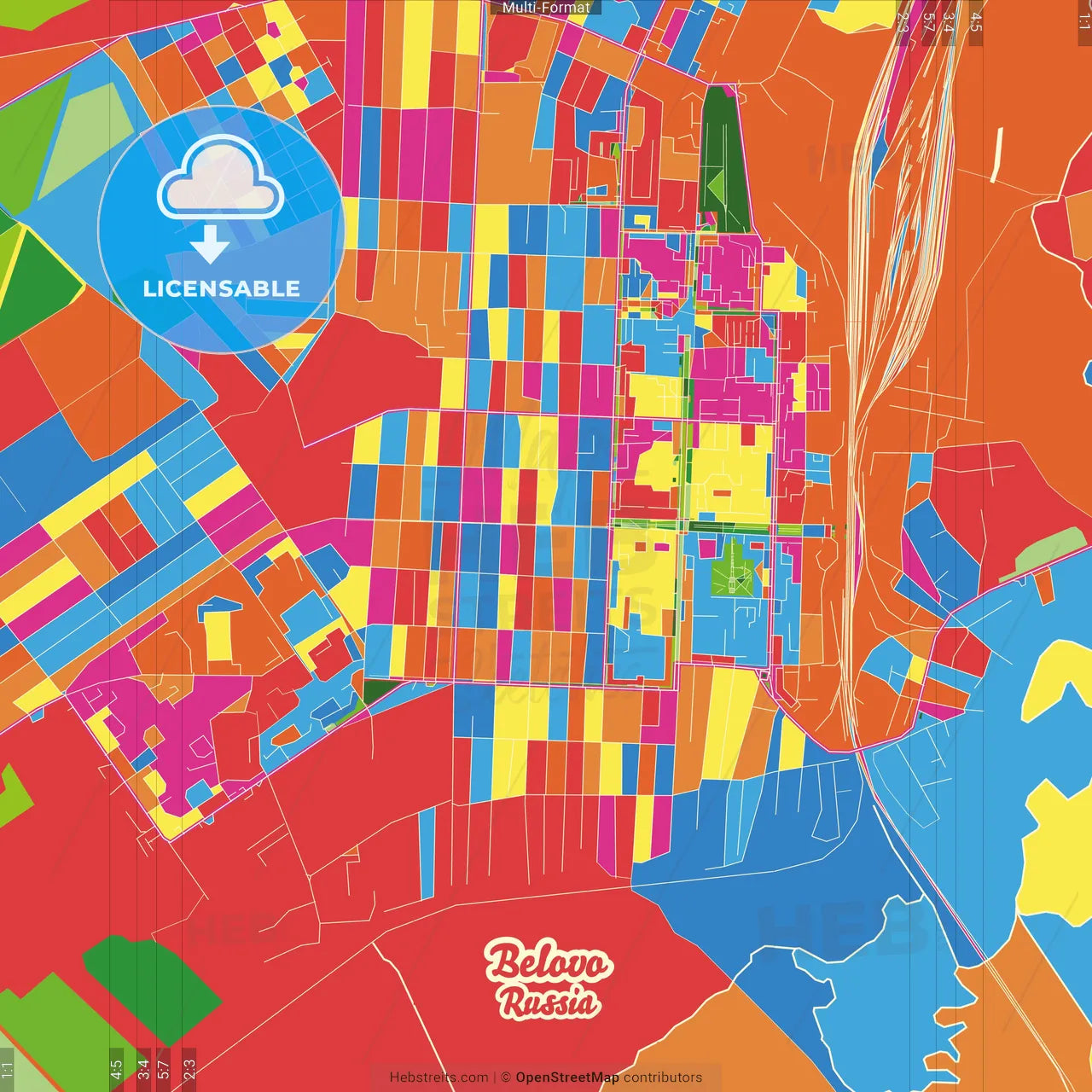 Belovo, Kemerovo Oblast, Russia Crazy Colorful Street Map Poster Template