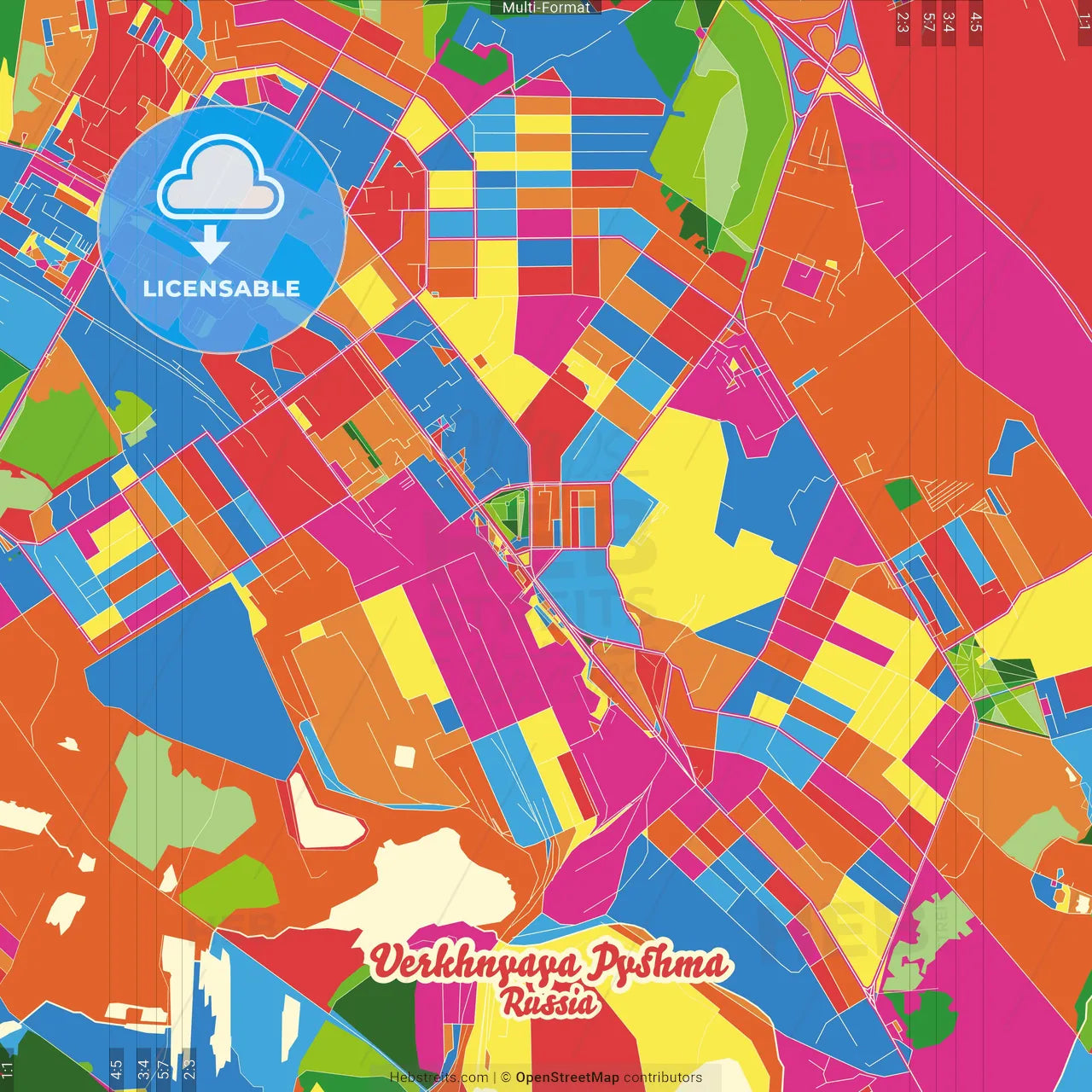 Verkhnyaya Pyshma, Sverdlovsk Oblast, Russia Crazy Colorful Street Map Poster Template