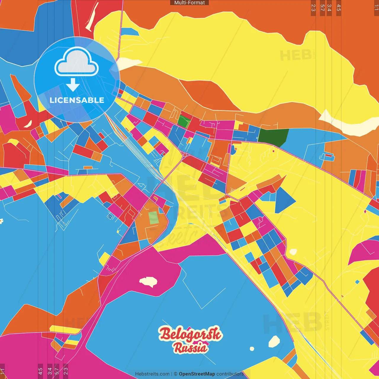 Belogorsk, Amur Oblast, Russia Crazy Colorful Street Map Poster Template