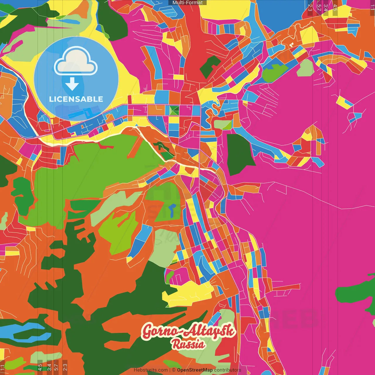 Gorno-Altaysk, Altai Republic, Russia Crazy Colorful Street Map Poster Template
