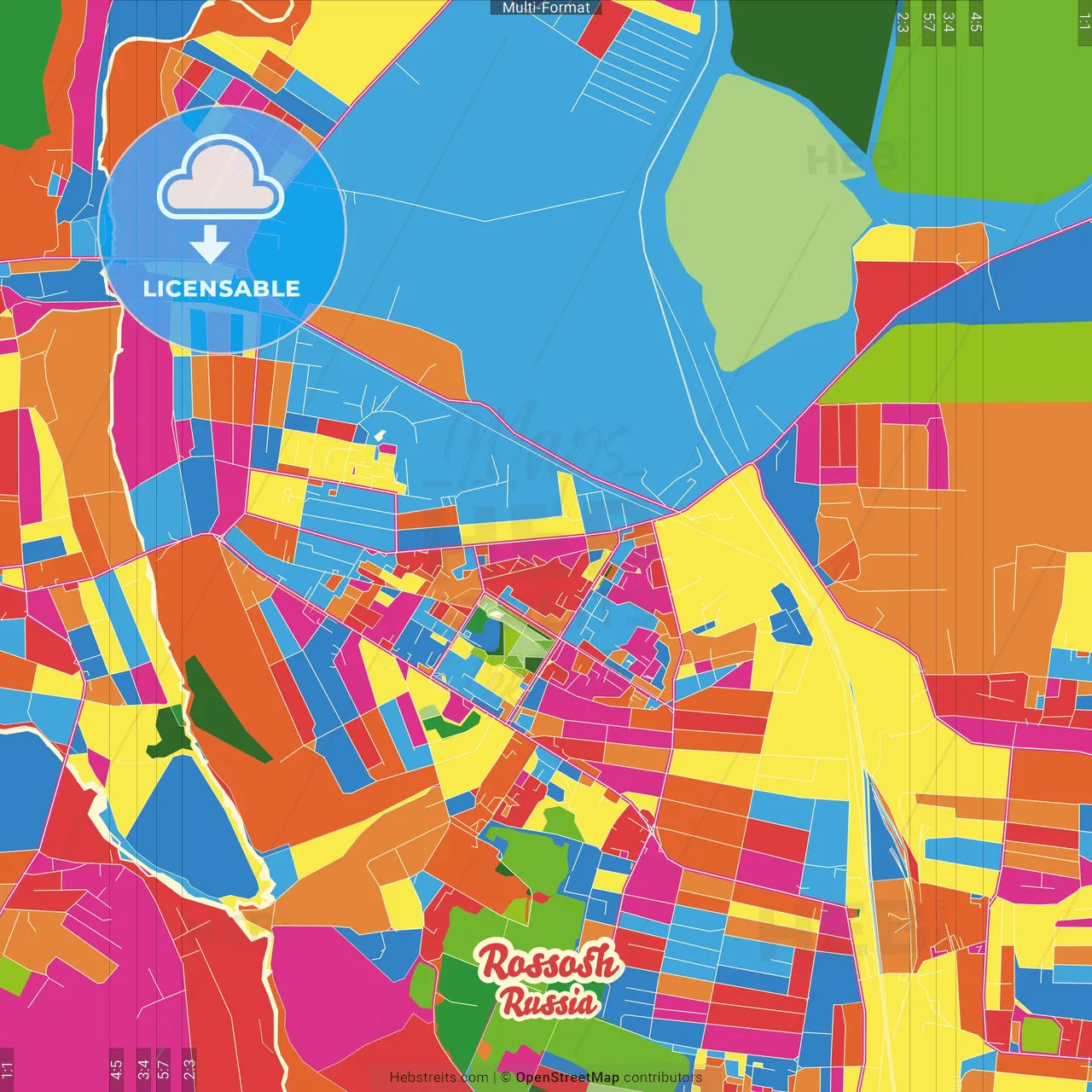 Rossosh, Voronezh Oblast, Russia Crazy Colorful Street Map Poster Template