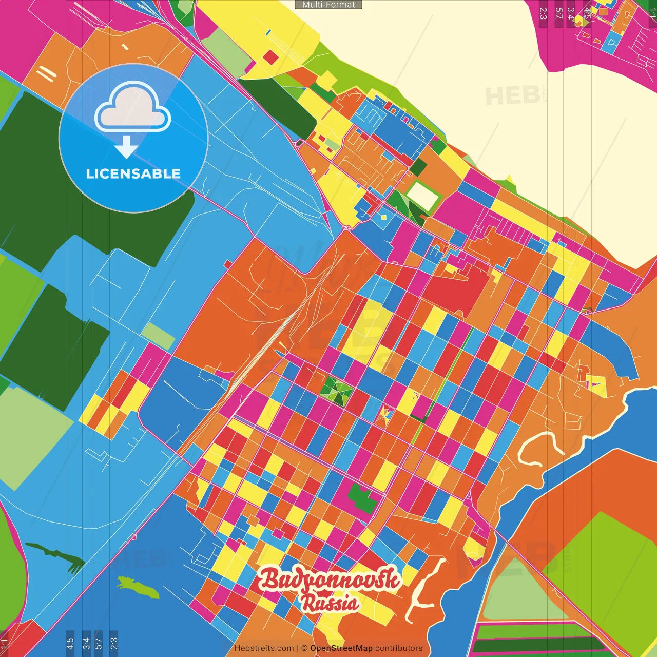 Budyonnovsk, Stavropol Krai, Russia Crazy Colorful Street Map Poster Template