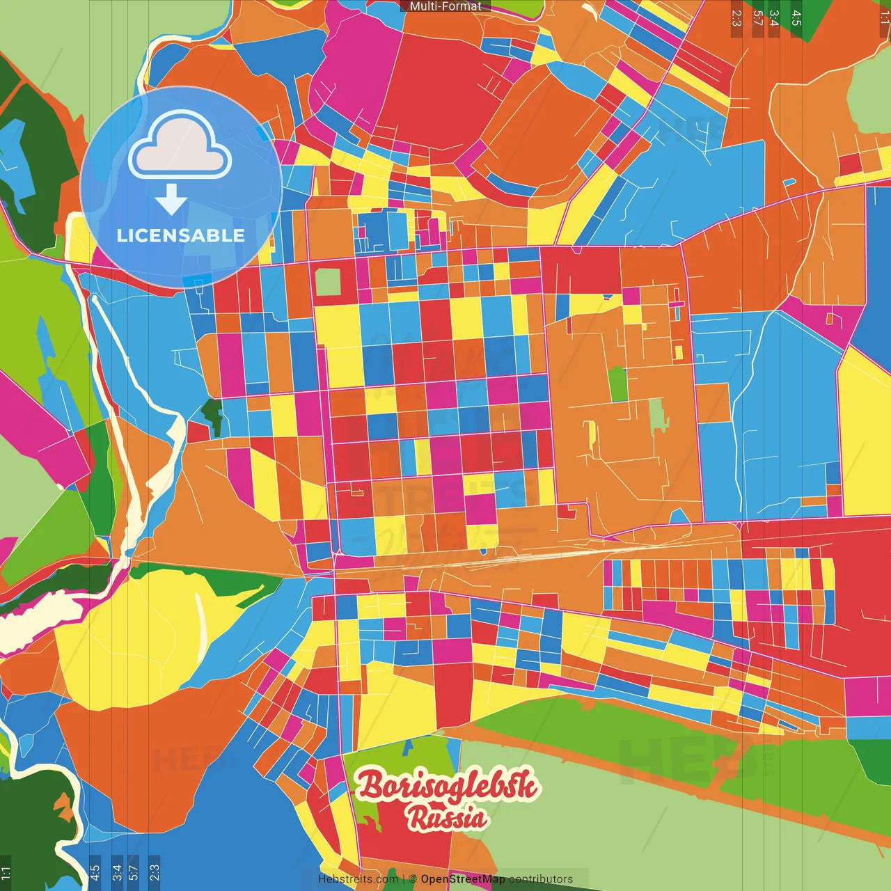 Borisoglebsk, Voronezh Oblast, Russia Crazy Colorful Street Map Poster Template