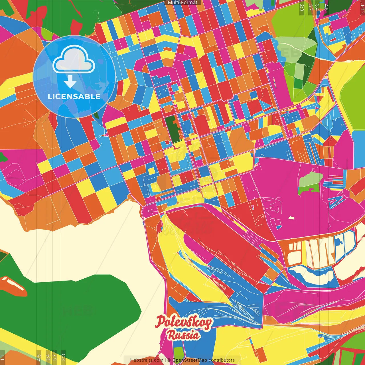 Polevskoy, Sverdlovsk Oblast, Russia Crazy Colorful Street Map Poster Template