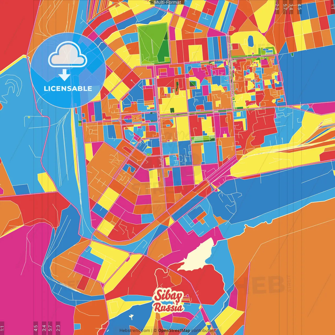 Sibay, Republic of Bashkortostan, Russia Crazy Colorful Street Map Poster Template