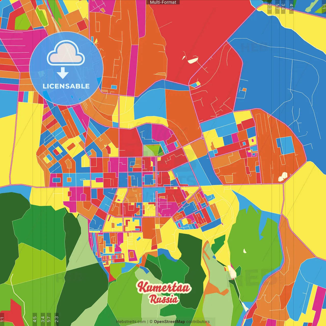 Kumertau, Republic of Bashkortostan, Russia Crazy Colorful Street Map Poster Template