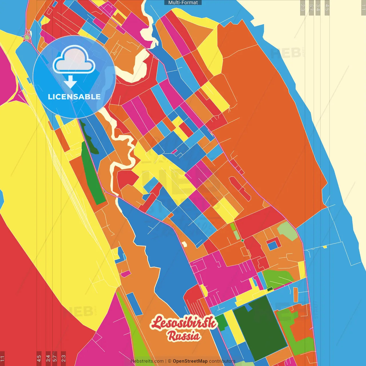 Lesosibirsk, Krasnoyarsk Krai, Russia Crazy Colorful Street Map Poster Template