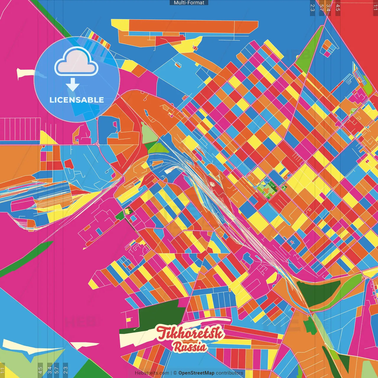 Tikhoretsk, Krasnodar Krai, Russia Crazy Colorful Street Map Poster Template