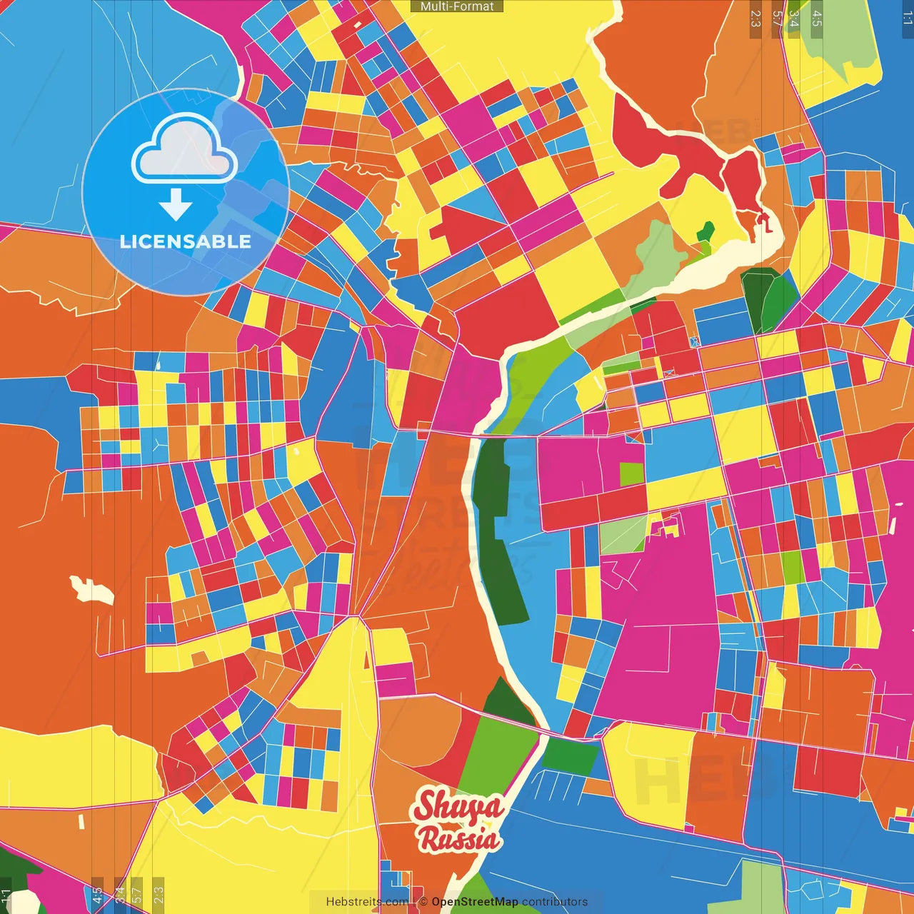 Shuya, Ivanovo Oblast, Russia Crazy Colorful Street Map Poster Template