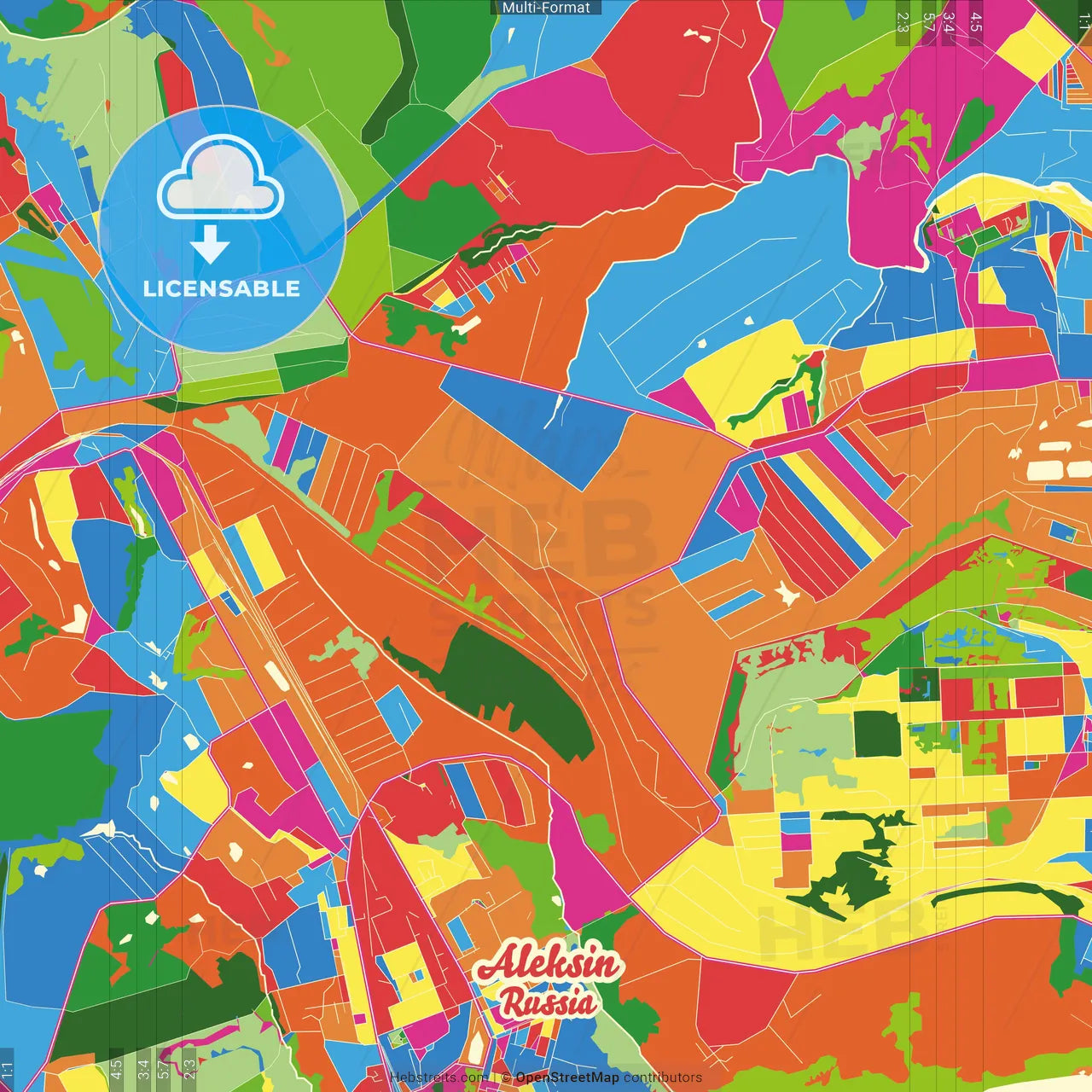 Aleksin, Tula Oblast, Russia Crazy Colorful Street Map Poster Template