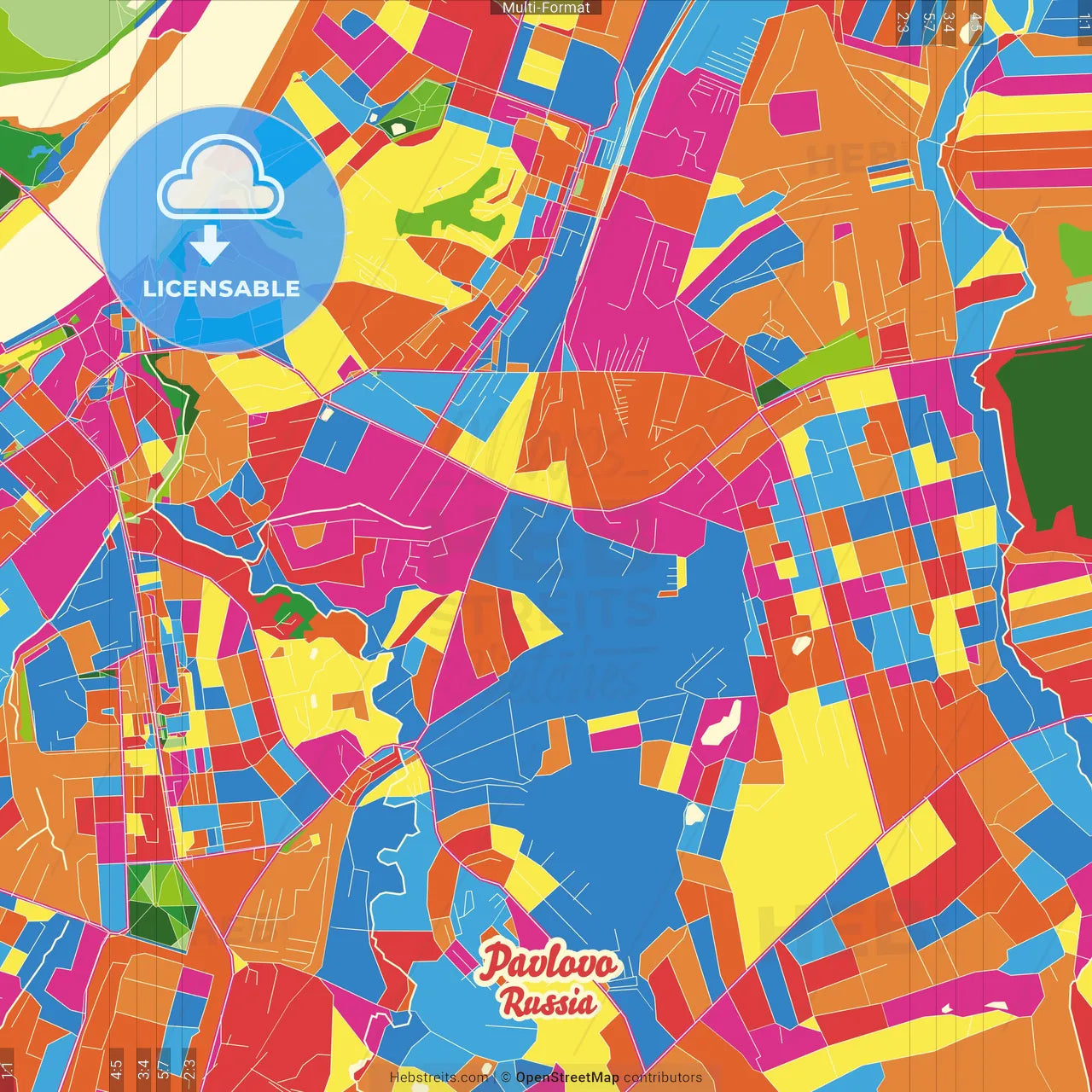 Pavlovo, Nizhny Novgorod Oblast, Russia Crazy Colorful Street Map Poster Template