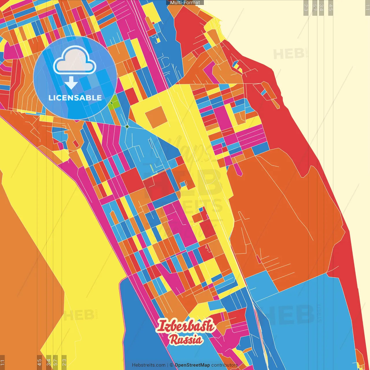 Izberbash, Republic of Dagestan, Russia Crazy Colorful Street Map Poster Template