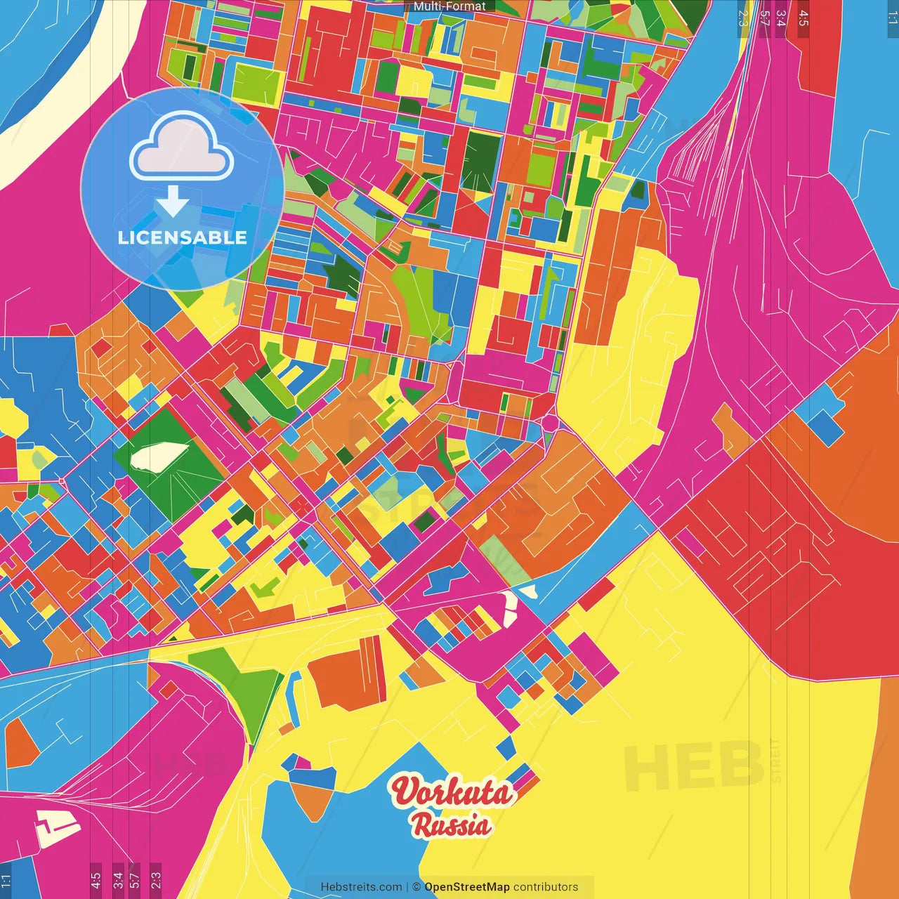 Vorkuta, Komi Republic, Russia Crazy Colorful Street Map Poster Template