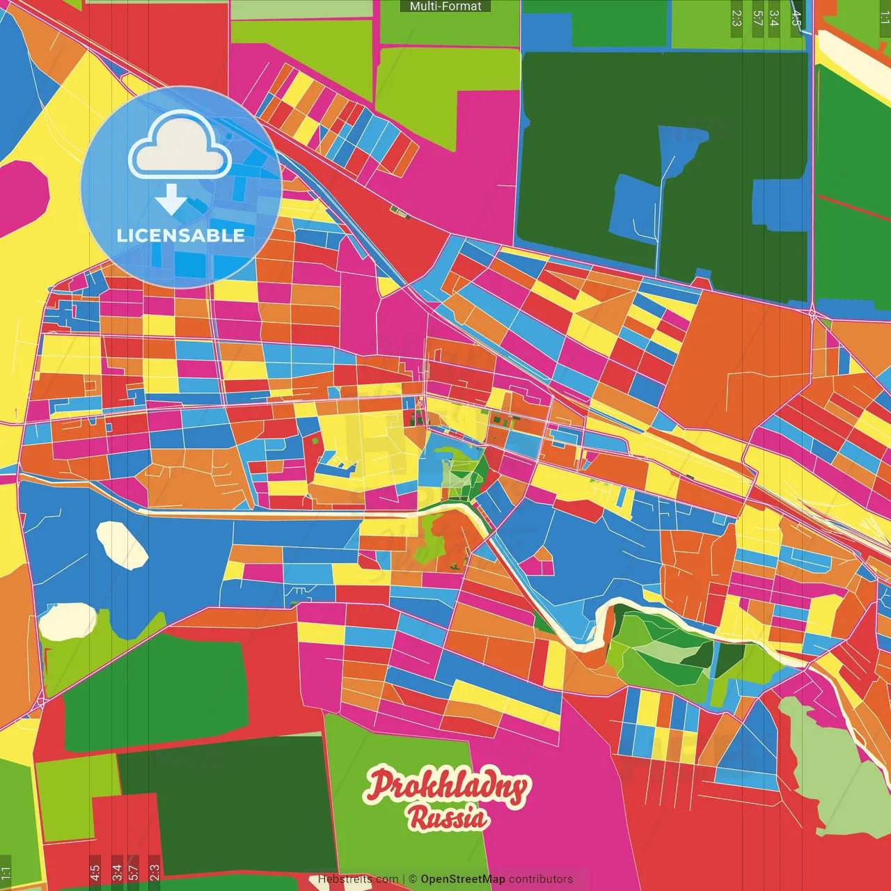 Prokhladny, Kabardino-Balkar Republic, Russia Crazy Colorful Street Map Poster Template