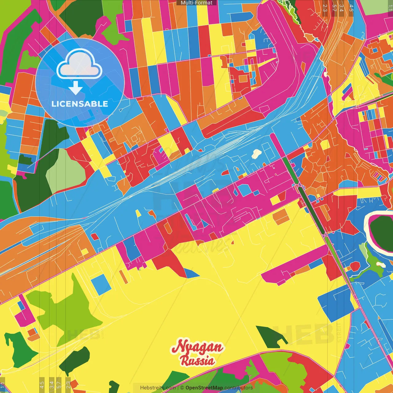 Nyagan, Khanty-Mansi Autonomous Okrug-Yugra, Russia Crazy Colorful Street Map Poster Template