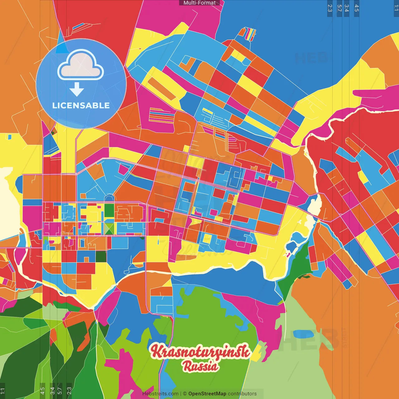 Krasnoturyinsk, Sverdlovsk Oblast, Russia Crazy Colorful Street Map Poster Template