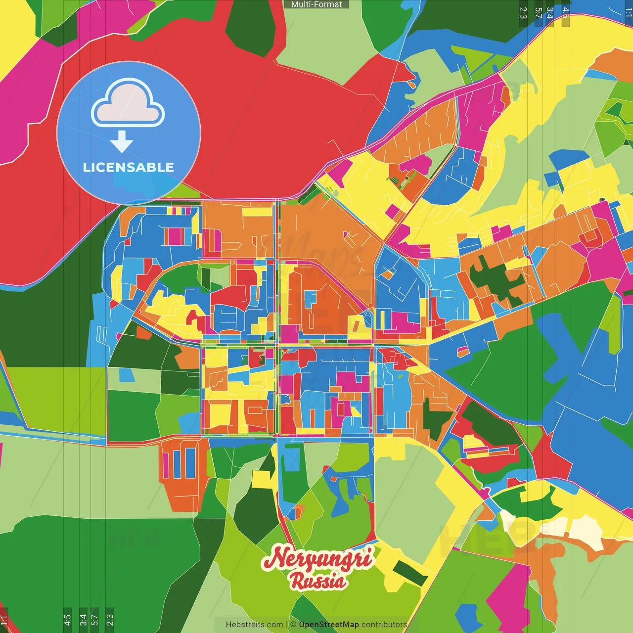 Neryungri, Sakha, Russia Crazy Colorful Street Map Poster Template