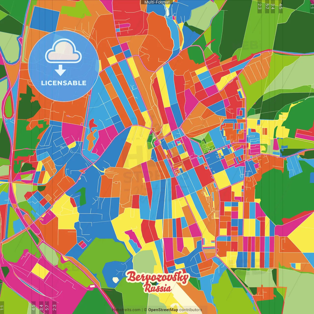 Beryozovsky, Sverdlovsk Oblast, Russia Crazy Colorful Street Map Poster Template