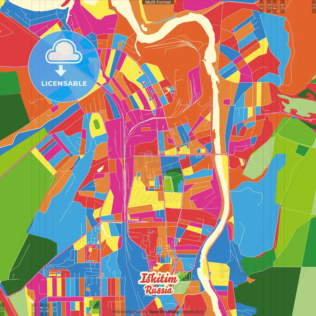 Iskitim, Novosibirsk Oblast, Russia Crazy Colorful Street Map Poster Template