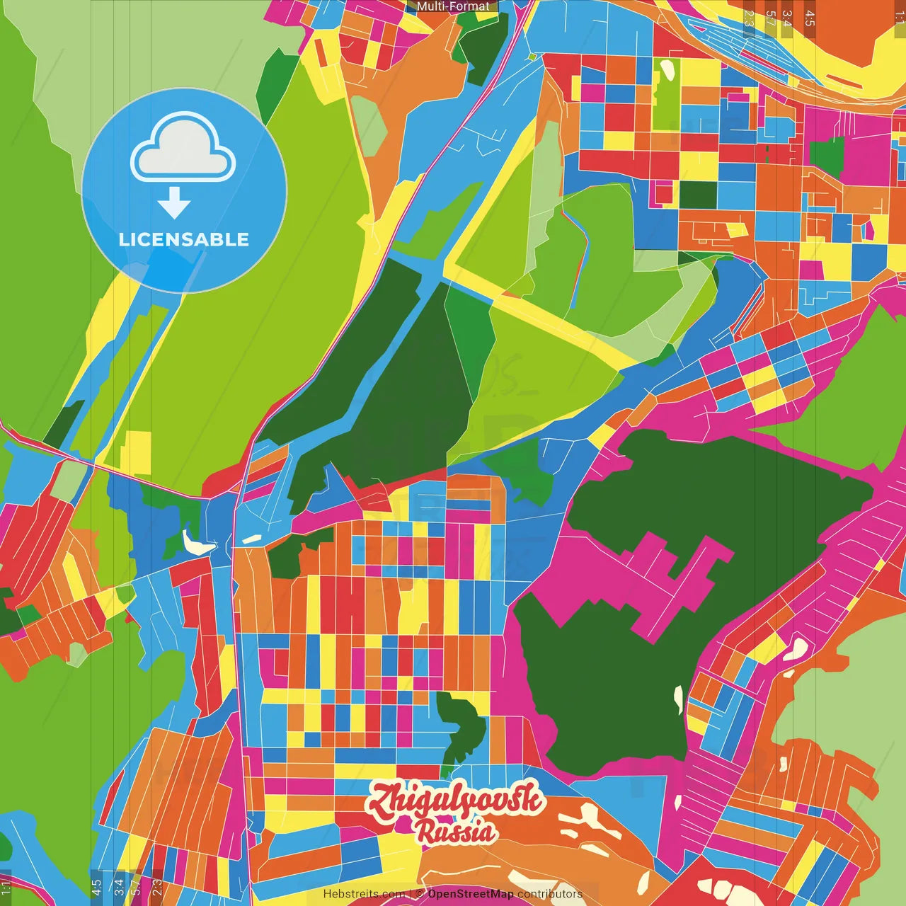 Zhigulyovsk, Samara Oblast, Russia Crazy Colorful Street Map Poster Template