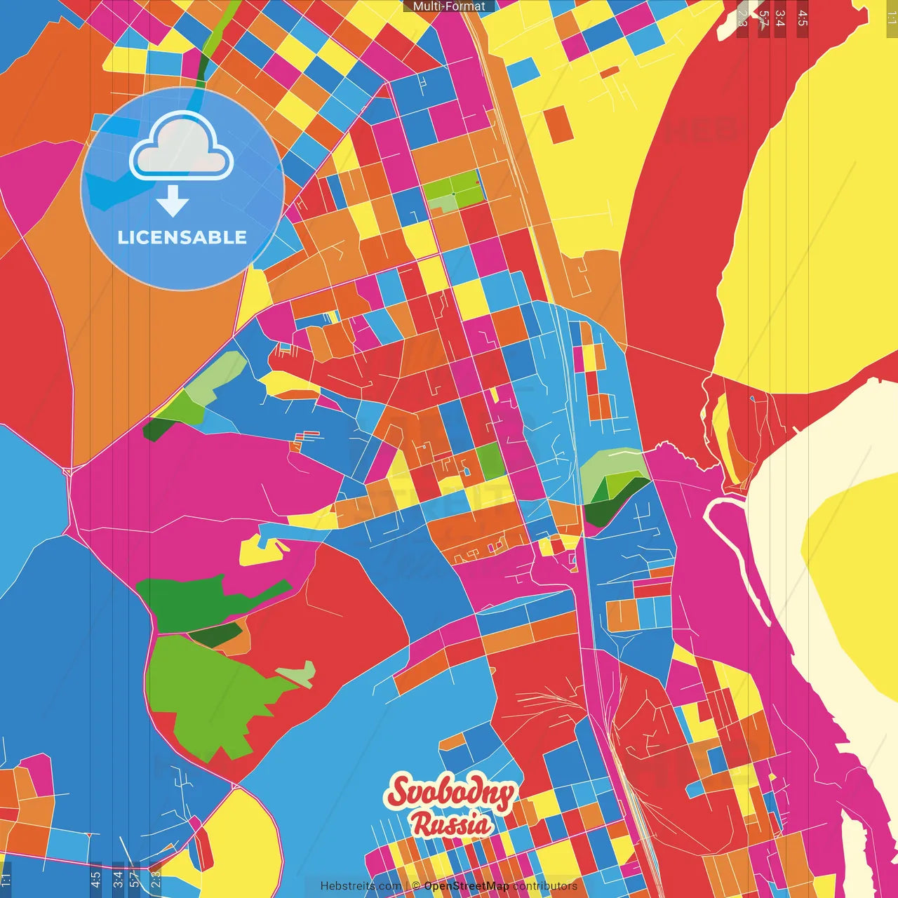 Svobodny, Amur Oblast, Russia Crazy Colorful Street Map Poster Template