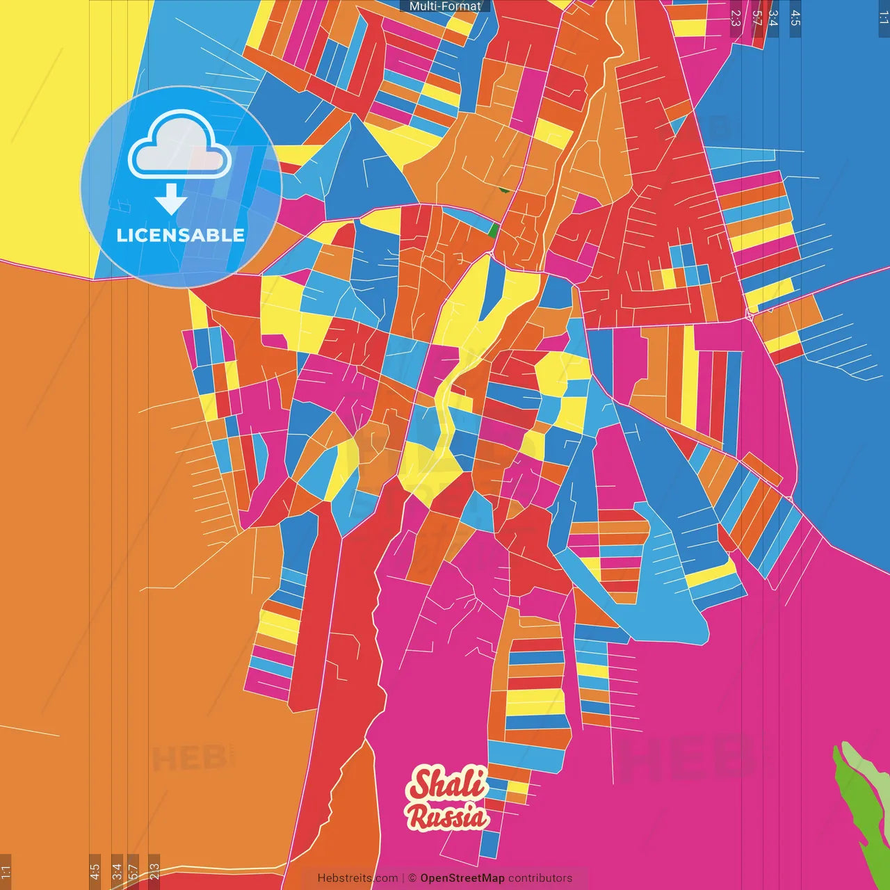 Shali, Chechen Republic, Russia Crazy Colorful Street Map Poster Template