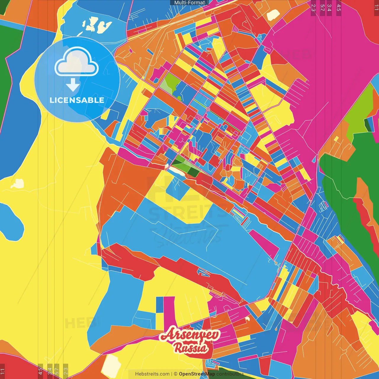 Arsenyev, Primorsky Krai, Russia Crazy Colorful Street Map Poster Template